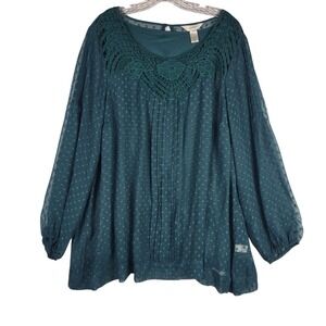 CJ Banks Blouse Women's Plus Size 2X Green Sheer Crochet Swiss Dot Boho NWT